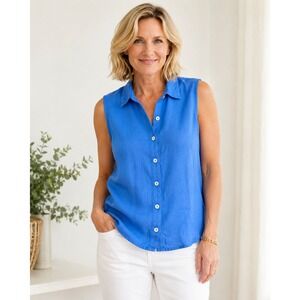 JOIE Blue Linen Sleeveless Button Down Shirt Blouse Small Summer Top